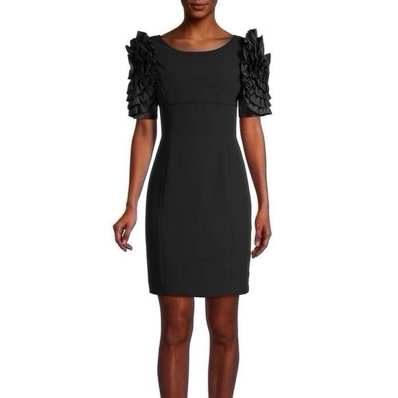 Shani Dramatic Rosette Sleeve Crepe Sheath Cocktail Dress Black - Picture 3 of 12